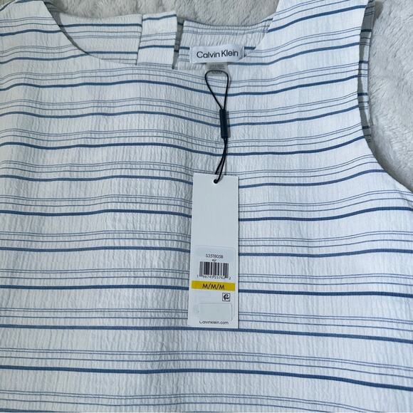 Calvin Klein Size M White Blue Striped Top NWT Back Buttons Business Casual Chic - Picture 9 of 12